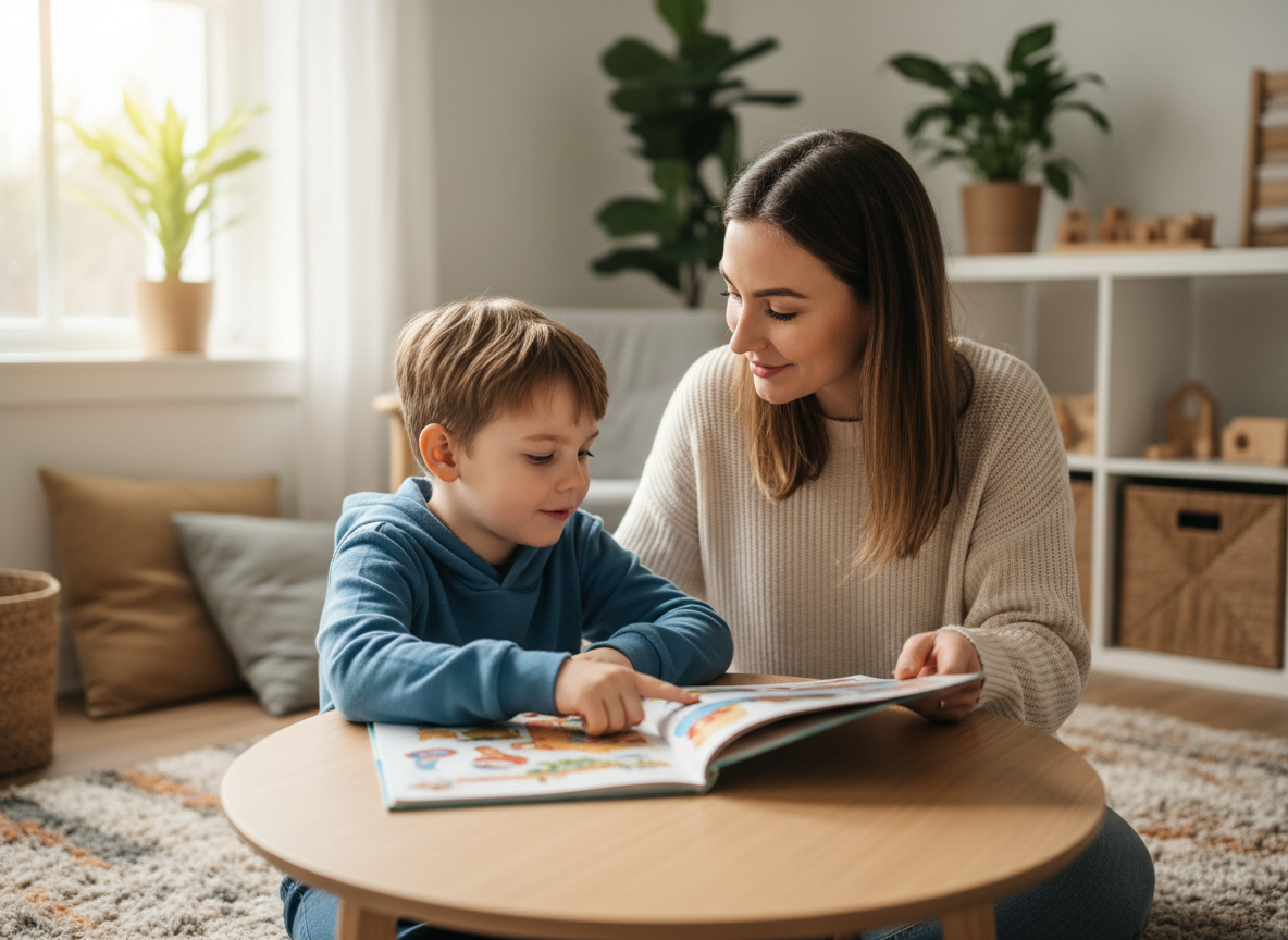 Home Madre y niño pequeño leyendo juntos un libro en casa, favoreciendo la atención compartida y el aprendizaje