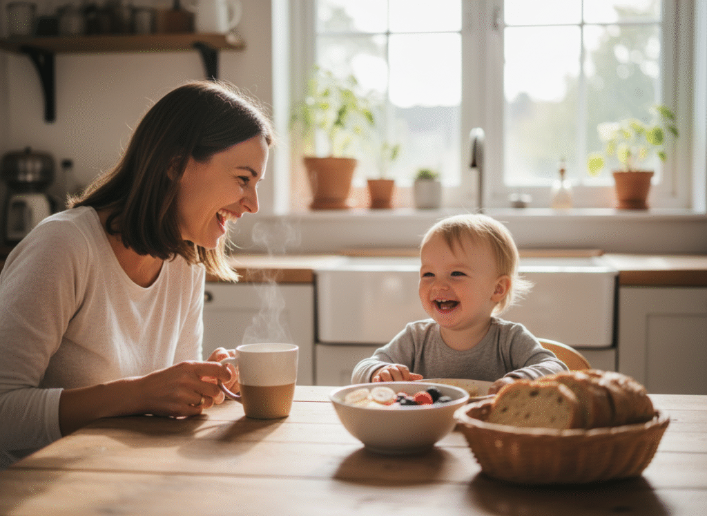 Mother and child playing on the floor at home during a home language stimulation routine
